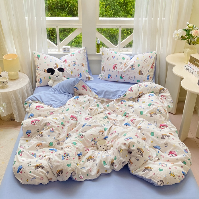 91家纺网 家纺一手货源 找家纺 朵朵家纺 2025新款云感提花双层纱印花四件套 快乐重年