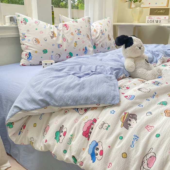 91家纺网 家纺一手货源 找家纺 朵朵家纺 2025新款云感提花双层纱印花四件套 快乐重年