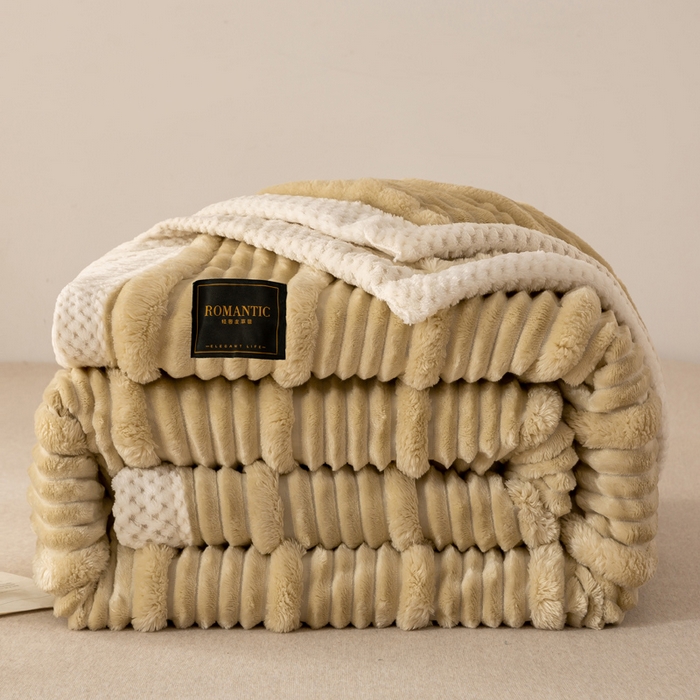 91家纺网 家纺一手货源 找家纺 爱彼家纺 2025秋冬新款兔毛绒子母条毛毯毯子 子母条-翠影草色