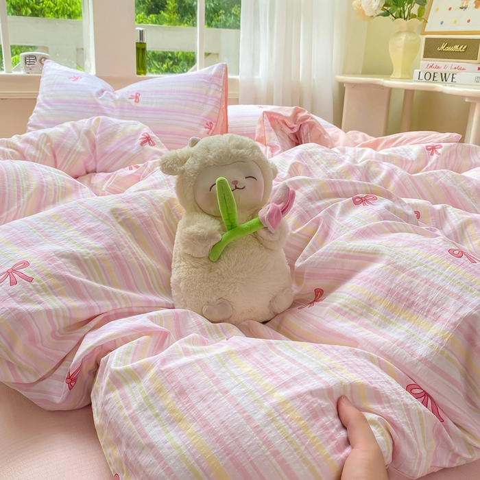 91家纺网 家纺一手货源 找家纺 朵朵家纺 2025新款云感提花双层纱印花四件套 情人节