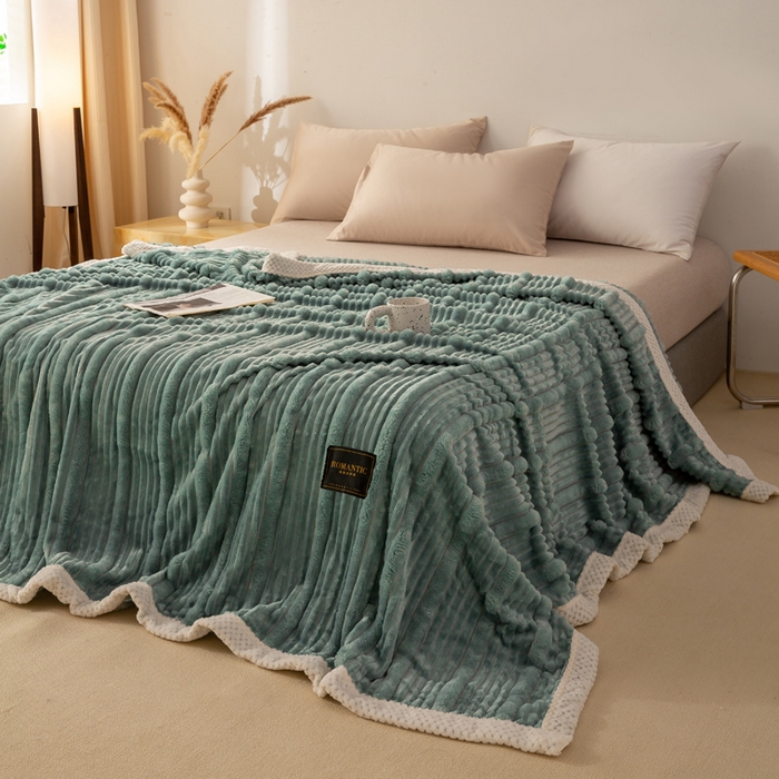 爱彼家纺 2025秋冬新款兔毛绒子母条毛毯毯子 子母条-墨韵碧华