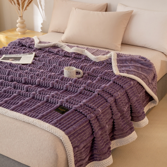 91家纺网 家纺一手货源 找家纺 爱彼家纺 2025秋冬新款兔毛绒子母条毛毯毯子 子母条-绮丽紫霞