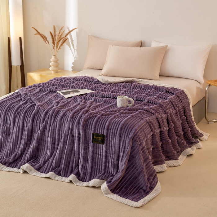 爱彼家纺 2025秋冬新款兔毛绒子母条毛毯毯子 子母条-绮丽紫霞