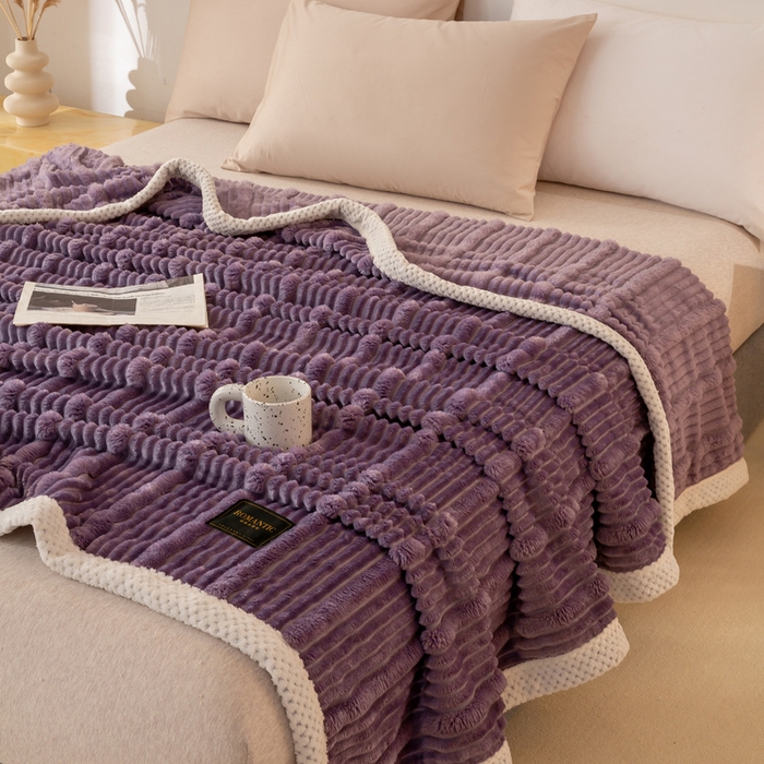 91家纺网 家纺一手货源 找家纺 爱彼家纺 2025秋冬新款兔毛绒子母条毛毯毯子 子母条-绮丽紫霞