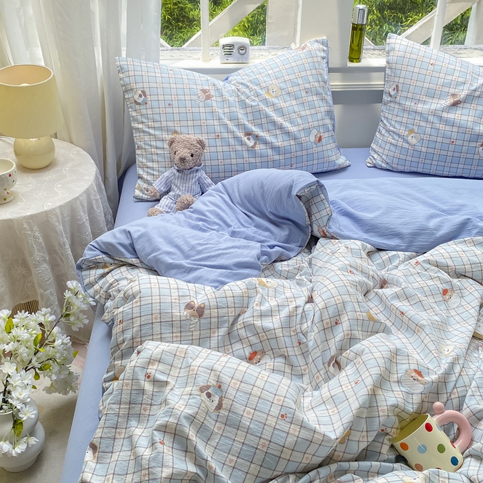 91家纺网 家纺一手货源 找家纺 朵朵家纺 2025新款云感提花双层纱印花四件套 淘气乐园