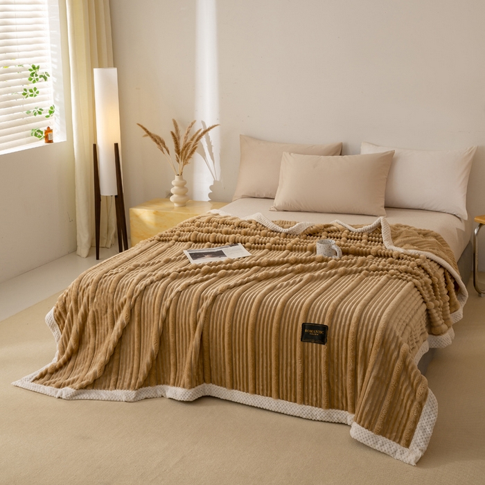 91家纺网 家纺一手货源 找家纺 爱彼家纺 2025秋冬新款兔毛绒子母条毛毯毯子 子母条-柔雅咖晖