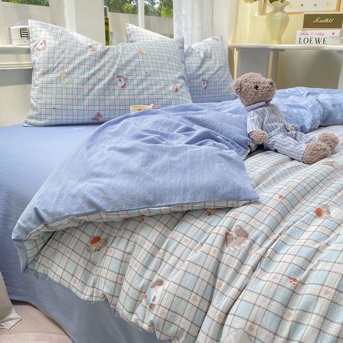 91家纺网 家纺一手货源 找家纺 朵朵家纺 2025新款云感提花双层纱印花四件套 淘气乐园