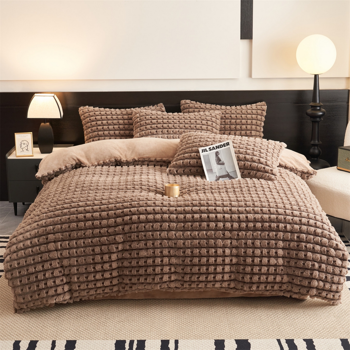 91家纺网 家纺一手货源 找家纺 恒爱家纺 2025新款雪貂绒提花简约四件套 咖啡色