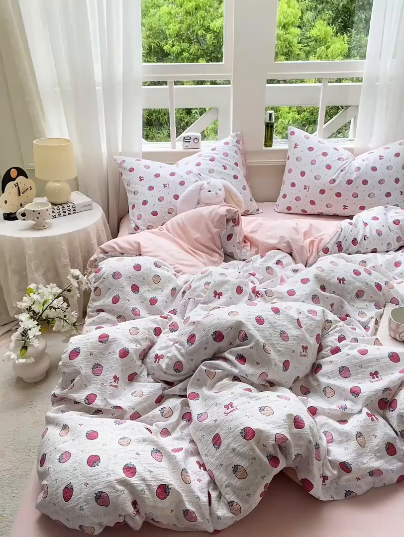 91家纺网 家纺一手货源 找家纺 朵朵家纺 2025新款云感提花双层纱印花四件套 甜心草莓