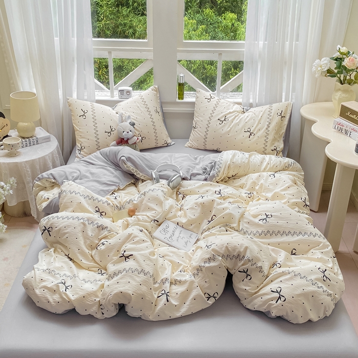 91家纺网 家纺一手货源 找家纺 朵朵家纺 2025新款云感提花双层纱印花单品被套 法式蝴蝶结