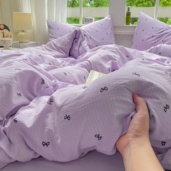 91家纺网 家纺一手货源 找家纺 朵朵家纺 2025新款云感提花双层纱印花四件套 幸运结