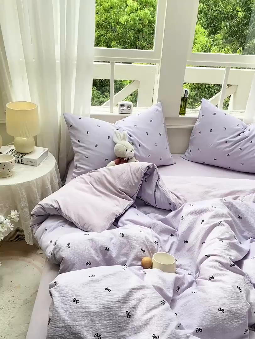 91家纺网 家纺一手货源 找家纺 朵朵家纺 2025新款云感提花双层纱印花四件套 幸运结