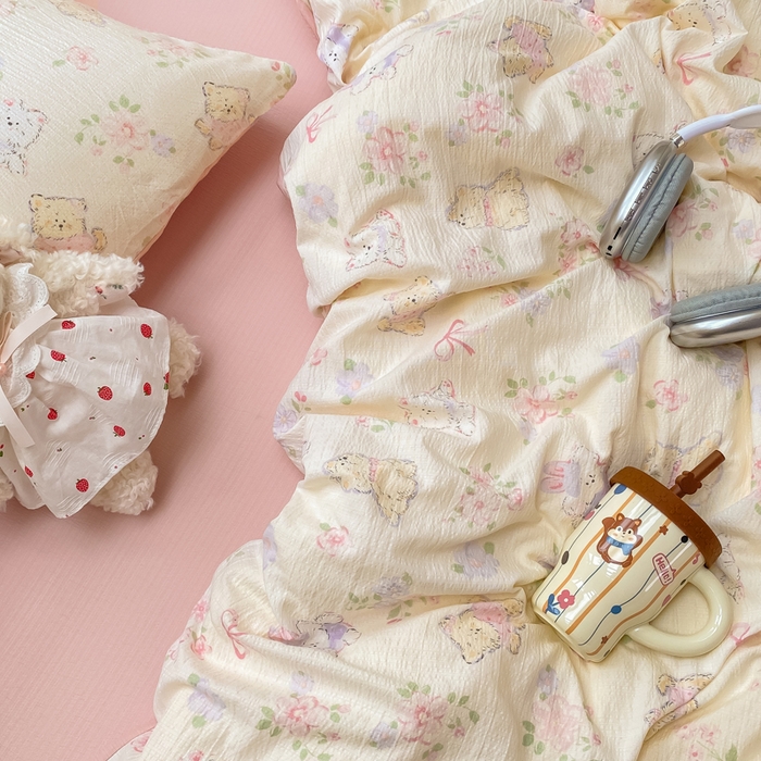 91家纺网 家纺一手货源 找家纺 朵朵家纺 2025新款云感提花双层纱印花单品被套 花眠咪咪