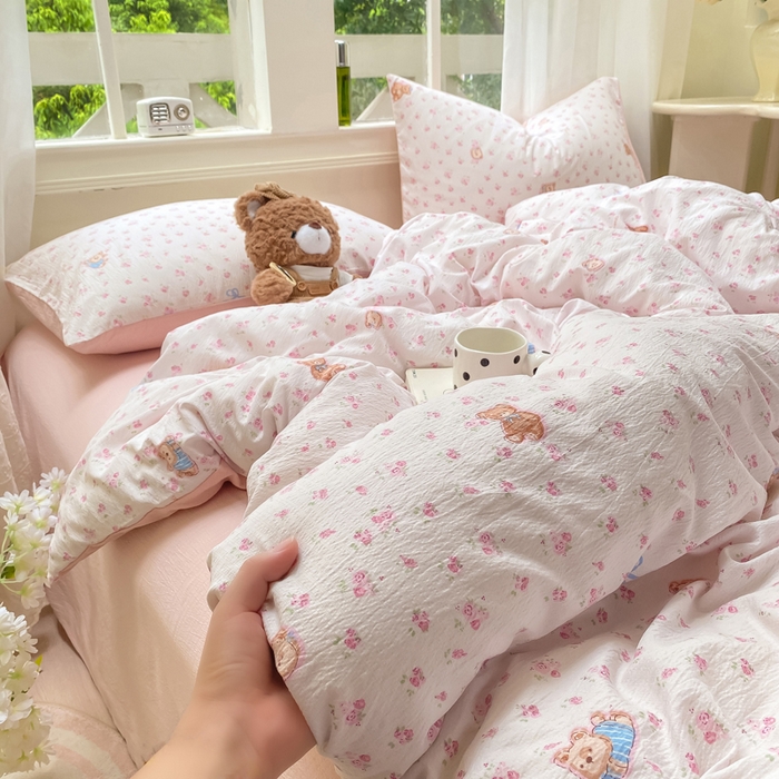 朵朵家纺 2025新款云感提花双层纱印花单品被套 花町小能粉