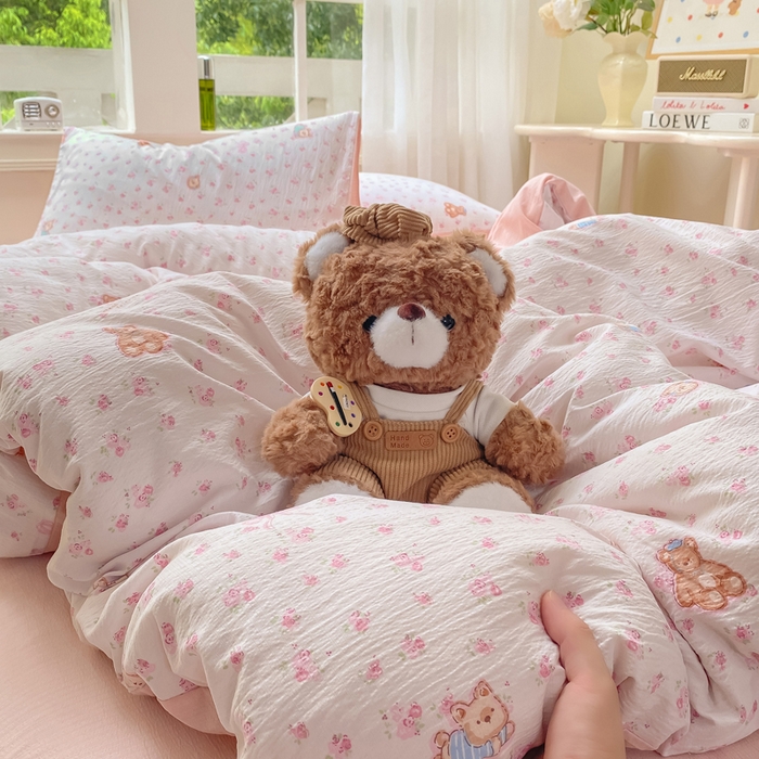 91家纺网 家纺一手货源 找家纺 朵朵家纺 2025新款云感提花双层纱印花单品被套 花町小能粉