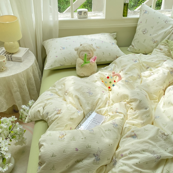 91家纺网 家纺一手货源 找家纺 朵朵家纺 2025新款云感提花双层纱印花四件套 音乐派