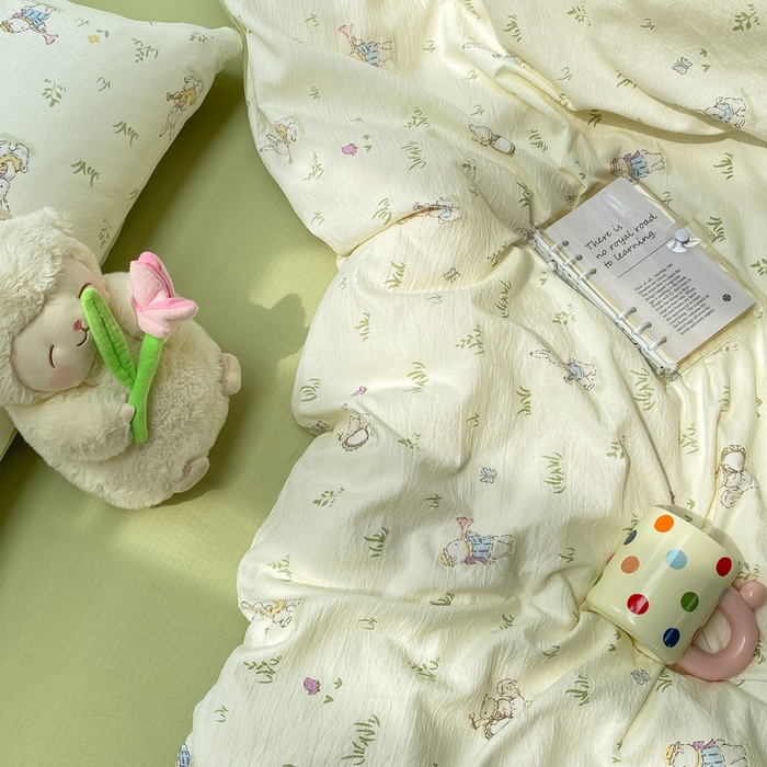 91家纺网 家纺一手货源 找家纺 朵朵家纺 2025新款云感提花双层纱印花四件套 音乐派