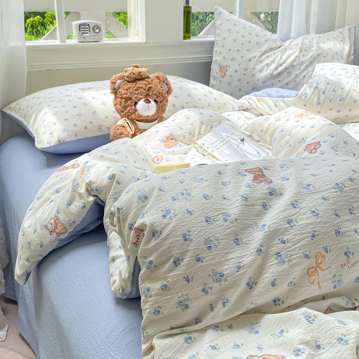 91家纺网 家纺一手货源 找家纺 朵朵家纺 2025新款云感提花双层纱印花单品被套 花町小能蓝