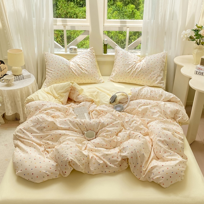 91家纺网 家纺一手货源 找家纺 朵朵家纺 2025新款云感提花双层纱印花单品被套 幻彩波点