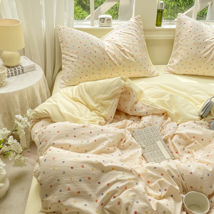 91家纺网 家纺一手货源 找家纺 朵朵家纺 2025新款云感提花双层纱印花单品被套 幻彩波点