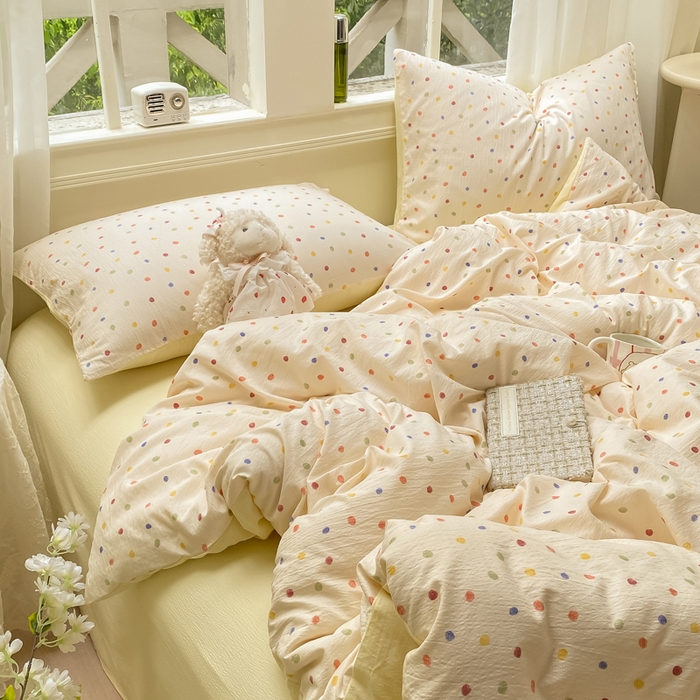 91家纺网 家纺一手货源 找家纺 朵朵家纺 2025新款云感提花双层纱印花单品被套 幻彩波点