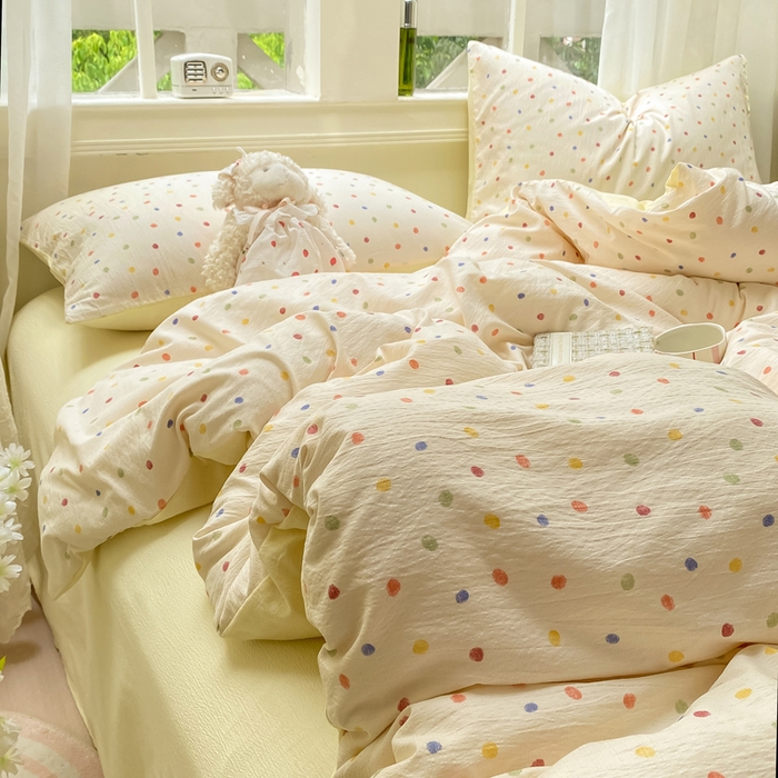 91家纺网 家纺一手货源 找家纺 朵朵家纺 2025新款云感提花双层纱印花单品被套 幻彩波点