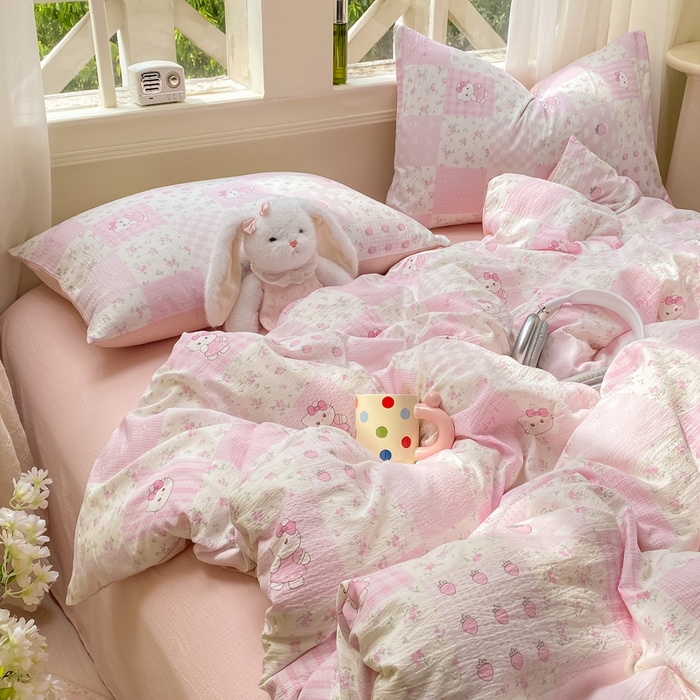 91家纺网 家纺一手货源 找家纺 朵朵家纺 2025新款云感提花双层纱印花四件套 KT花园