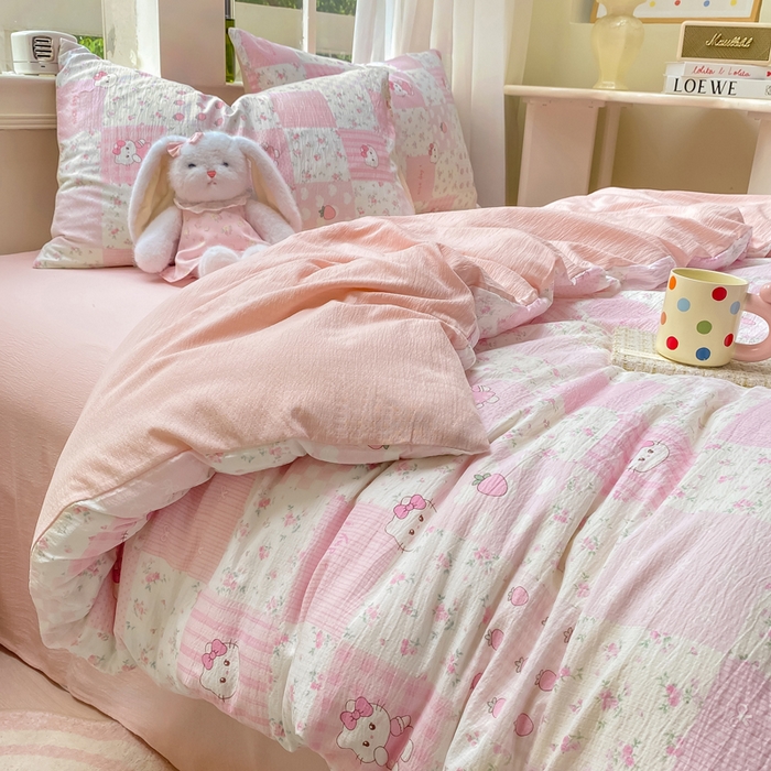 91家纺网 家纺一手货源 找家纺 朵朵家纺 2025新款云感提花双层纱印花四件套 KT花园