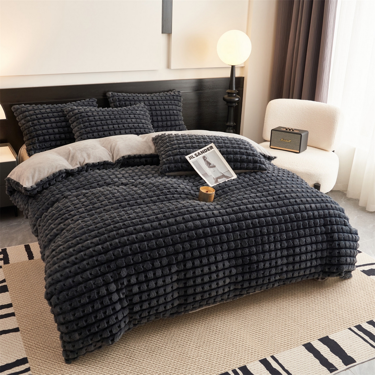 91家纺网 家纺一手货源 找家纺 恒爱家纺 2025新款雪貂绒提花简约四件套 深灰色