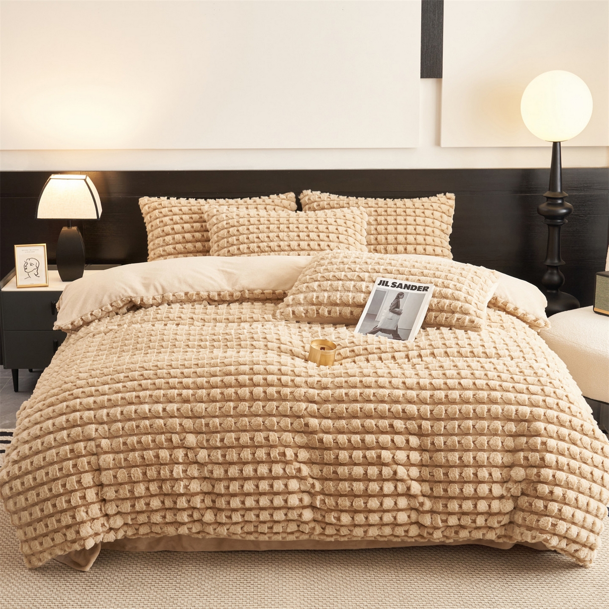 91家纺网 家纺一手货源 找家纺 恒爱家纺 2025新款雪貂绒提花简约四件套 驼色