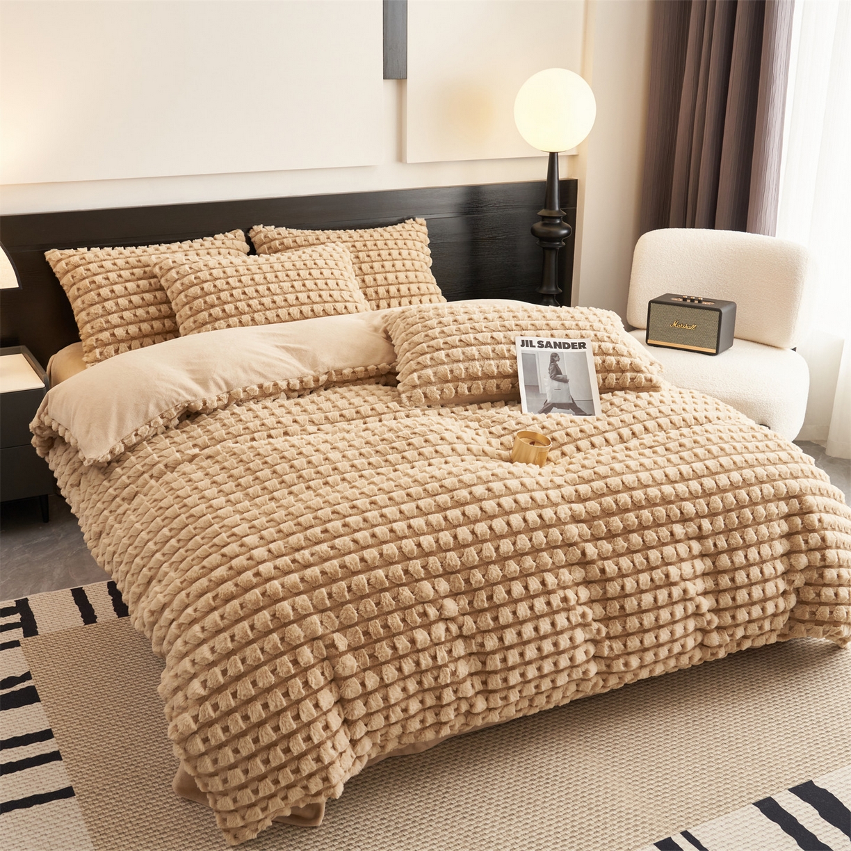 91家纺网 家纺一手货源 找家纺 恒爱家纺 2025新款雪貂绒提花简约四件套 驼色