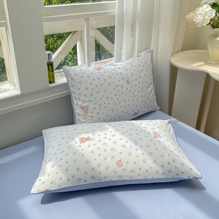 朵朵家纺 2025新款云感提花双层纱印花单品枕套 花町小能蓝