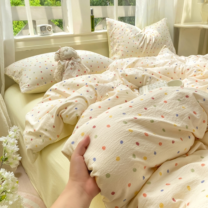 91家纺网 家纺一手货源 找家纺 朵朵家纺 2025新款云感提花双层纱印花单品被套 幻彩波点