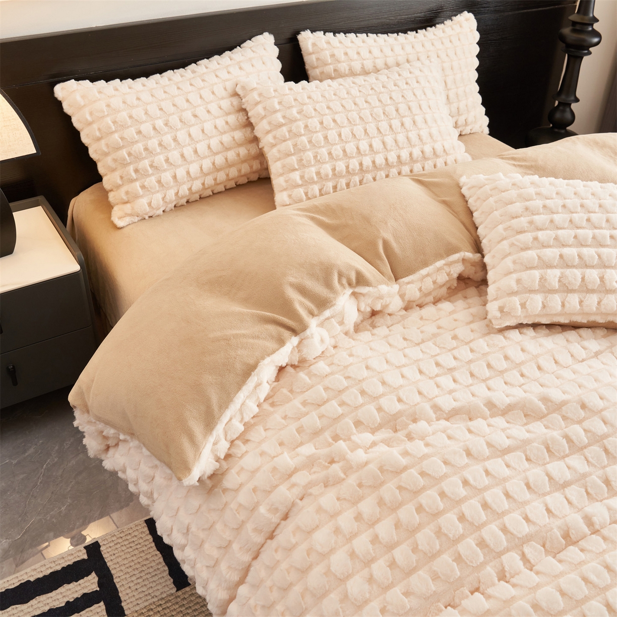 91家纺网 家纺一手货源 找家纺 恒爱家纺 2025新款雪貂绒提花简约四件套 象牙白