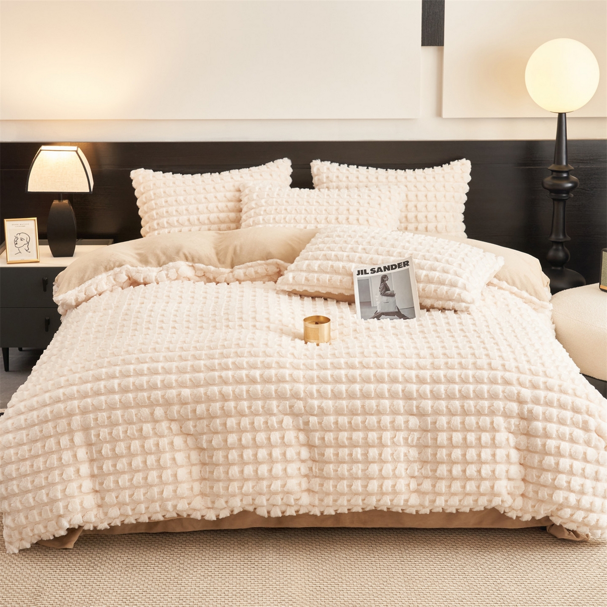 91家纺网 家纺一手货源 找家纺 恒爱家纺 2025新款雪貂绒提花简约四件套 象牙白