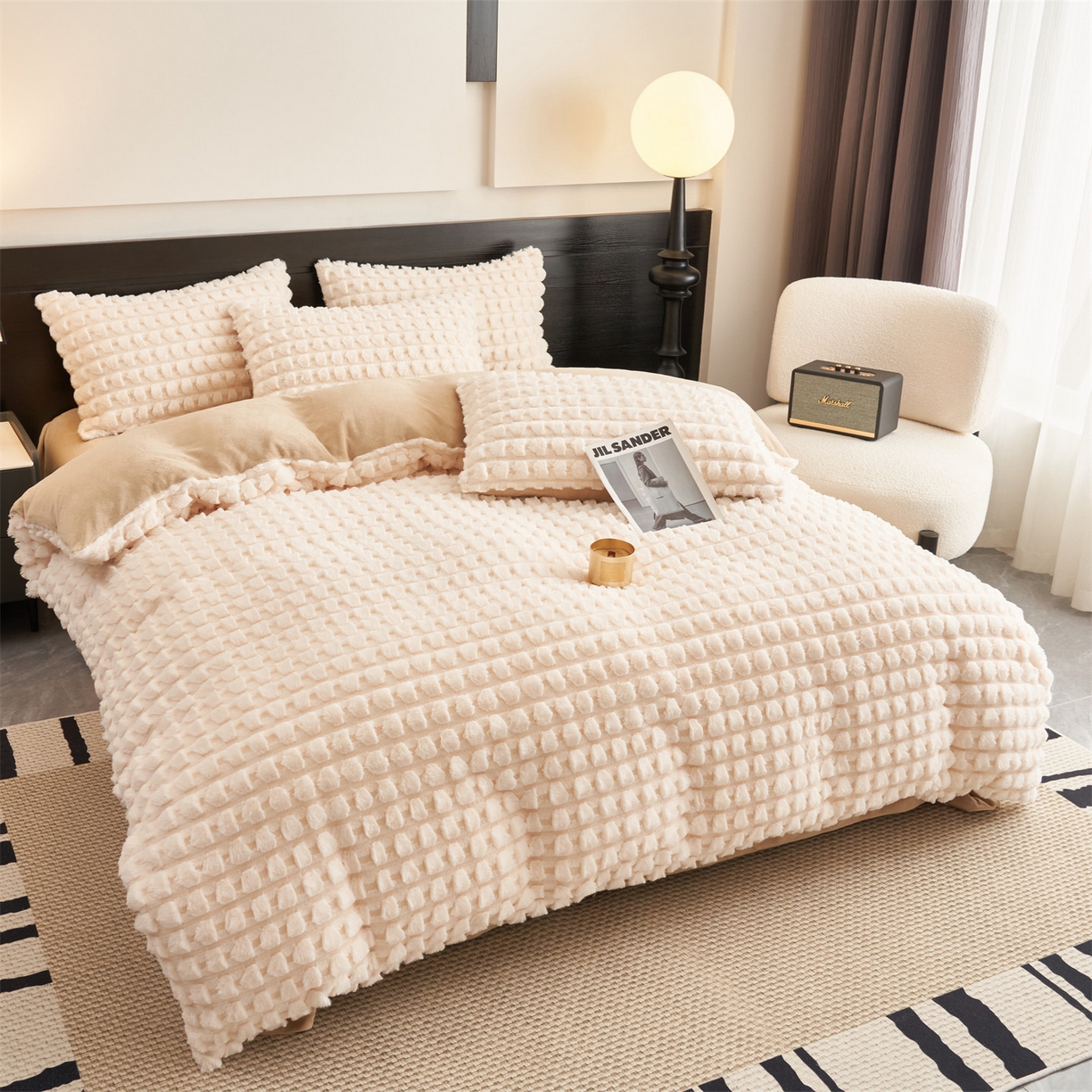 91家纺网 家纺一手货源 找家纺 恒爱家纺 2025新款雪貂绒提花简约四件套 象牙白