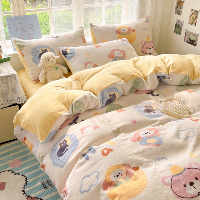 91家纺网 家纺一手货源 找家纺 言一 2025新款A类250G高克重全消光全工艺超柔手感加厚卡通牛奶绒四件套 晴天派对