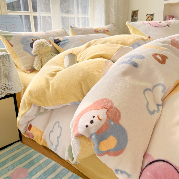 言一 2025新款A类250G高克重全消光全工艺超柔手感加厚卡通牛奶绒四件套 晴天派对