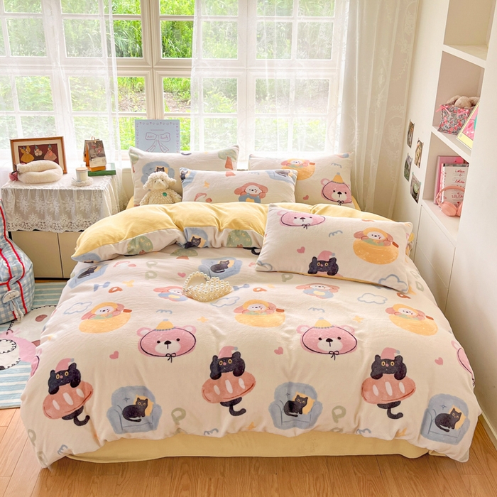 91家纺网 家纺一手货源 找家纺 言一 2025新款A类250G高克重全消光全工艺超柔手感加厚卡通牛奶绒四件套 晴天派对