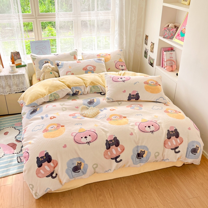 91家纺网 家纺一手货源 找家纺 言一 2025新款A类250G高克重全消光全工艺超柔手感加厚卡通牛奶绒四件套 晴天派对