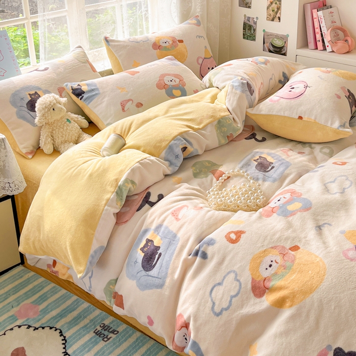 91家纺网 家纺一手货源 找家纺 言一 2025新款A类250G高克重全消光全工艺超柔手感加厚卡通牛奶绒四件套 晴天派对