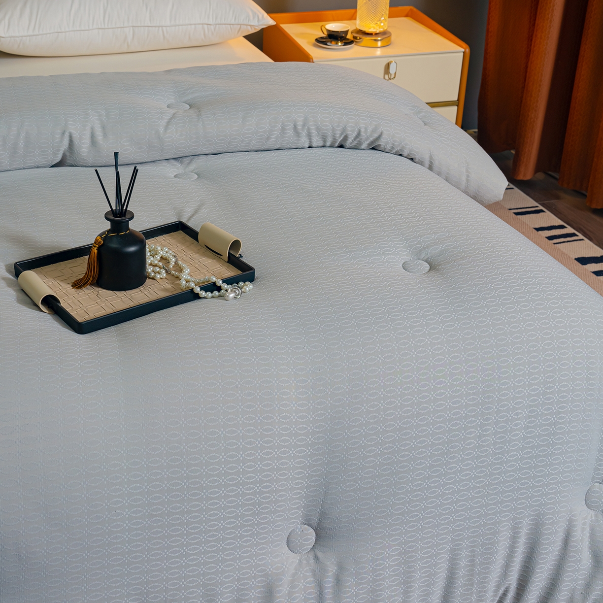 91家纺网 家纺一手货源 找家纺 蓝冰家纺 2025新款发财树提花大豆被被子被芯 提花-古典灰