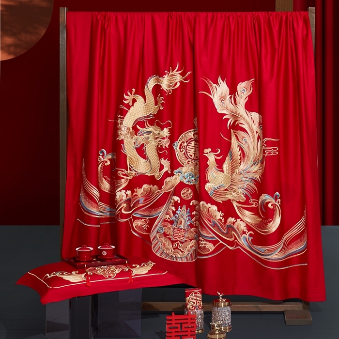 91家纺网 家纺一手货源 找家纺 布乐意 2025新款全棉长绒棉贡缎提花全工艺喷气重工新中式绣花大红婚庆四件套多件套直播 福喜龙凤