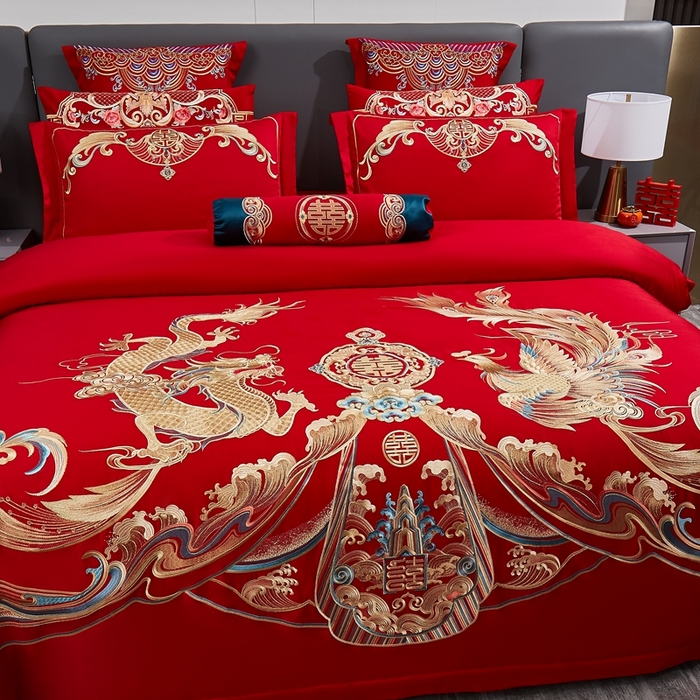 91家纺网 家纺一手货源 找家纺 布乐意 2025新款全棉长绒棉贡缎提花全工艺喷气重工新中式绣花大红婚庆四件套多件套直播 福喜龙凤