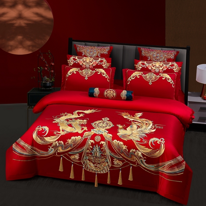 91家纺网 家纺一手货源 找家纺 布乐意 2025新款全棉长绒棉贡缎提花全工艺喷气重工新中式绣花大红婚庆四件套多件套直播 福喜龙凤