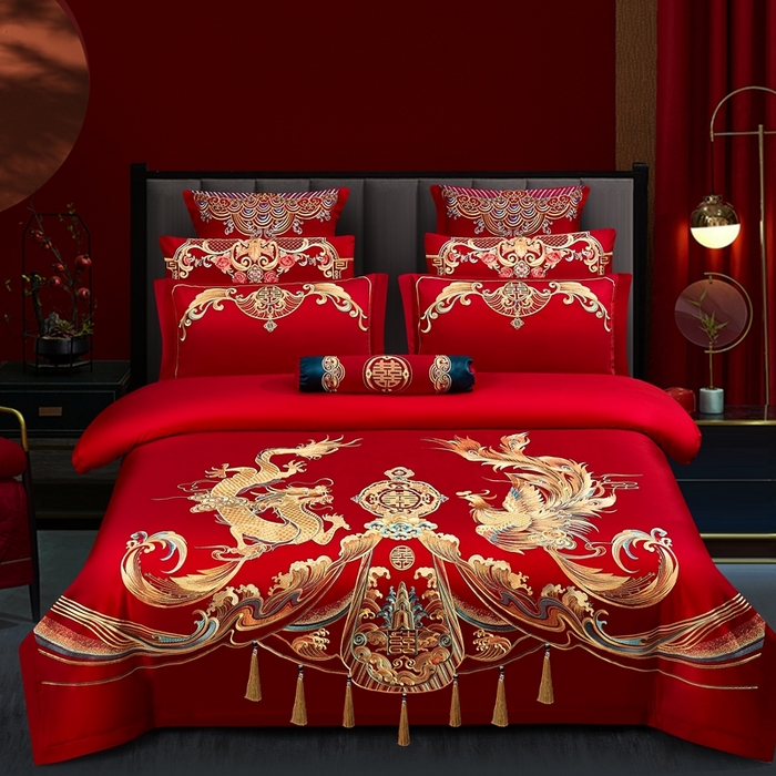 布乐意 2025新款全棉长绒棉贡缎提花全工艺喷气重工新中式绣花大红婚庆四件套多件套直播 福喜龙凤