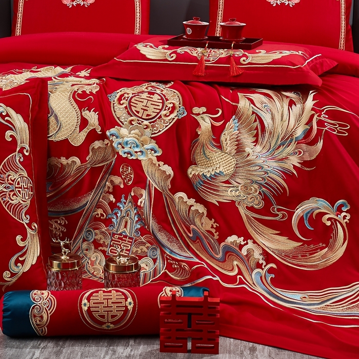 91家纺网 家纺一手货源 找家纺 布乐意 2025新款全棉长绒棉贡缎提花全工艺喷气重工新中式绣花大红婚庆四件套多件套直播 福喜龙凤