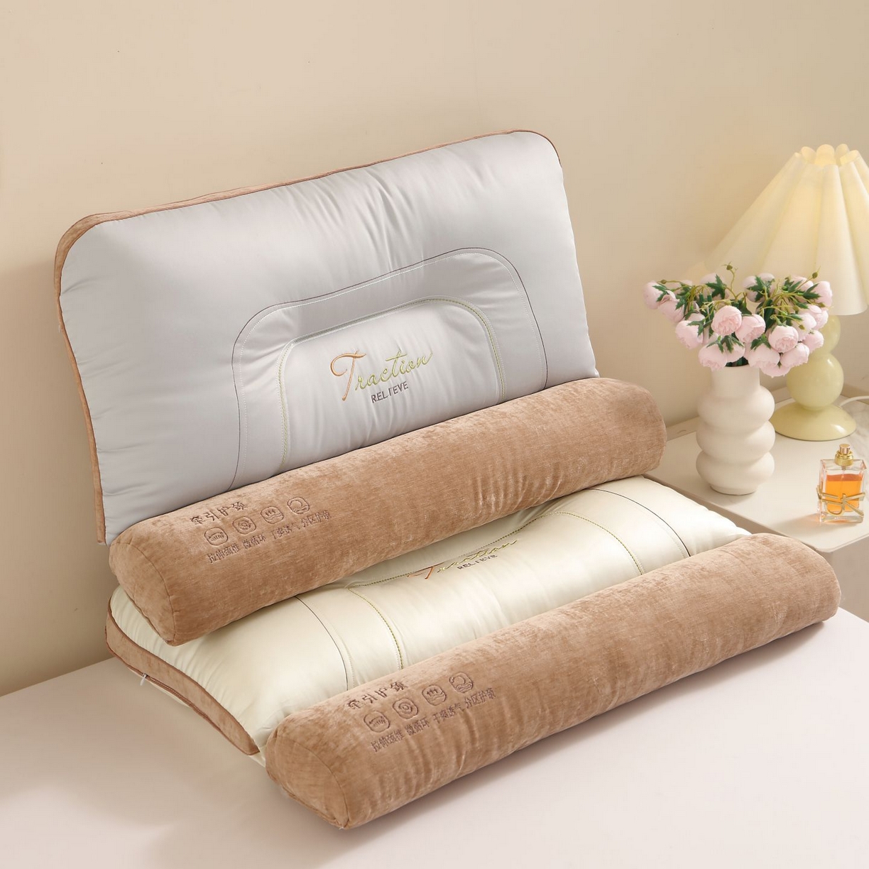 91家纺网 家纺一手货源 找家纺 晚儿 2025新款牵引护颈枕枕头枕芯 米白