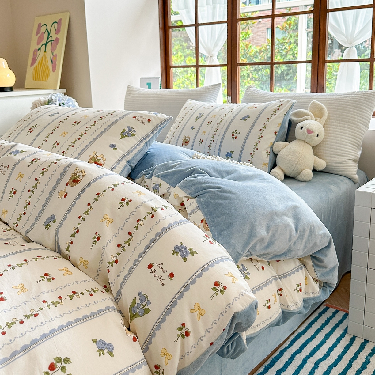 91家纺网 家纺一手货源 找家纺 清雅福 2025秋冬新品全棉印花棉加绒四件套系列 棉绒-草莓园