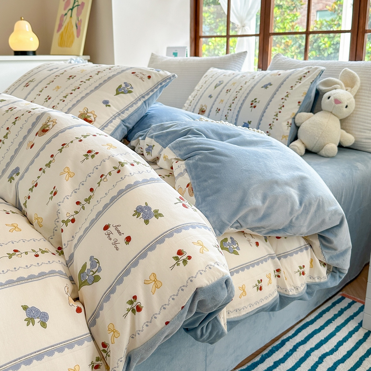 清雅福 2025秋冬新品全棉印花棉加绒四件套系列 棉绒-草莓园